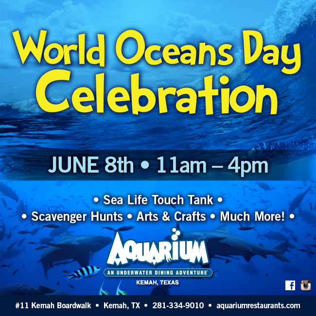 World Oceans Day Celebration. June 8th 11 am - 4 pm. #11 Kemah Boardwalk, Kemah, Texas. Call 281-334-9010. Sea Life Touch Tank, Scavenger Hunts, Arts and Crafts, and much more.