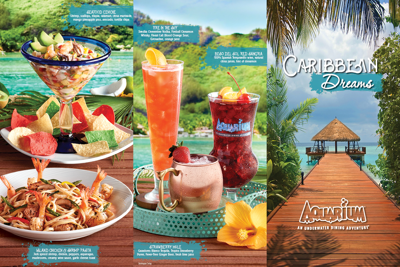 Caribbean Dreams, Seafood Ceviche, Fire in the Sky, Beso del Sol Red Sangria, Strawberry Mule, Island Chicken and Shrimp Pasta. Spiced Ribs and Coconut Shrimp, Jamaican Jerk Red Snapper, Redfish Congo, Castaway Combo, Caribbean Combo, Paradise Chicken and Shrimp.