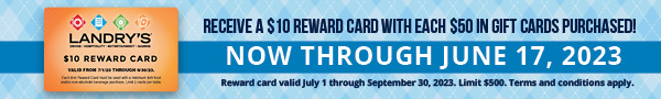 Purchase a gift card today and receive a free reward card! For every 50 dollars in gift cards you buy, receive a 10 dollar reward card.